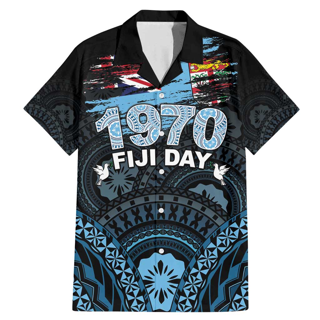 Personalised Happy Fiji Day 1970 Family Matching Mermaid Dress and Hawaiian Shirt Flag Grunge Style LT05 Dad's Shirt - Short Sleeve Black - Polynesian Pride