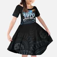 Personalised Happy Fiji Day 1970 Family Matching Off Shoulder Maxi Dress and Hawaiian Shirt Flag Grunge Style LT05 Daughter's Dress Black - Polynesian Pride