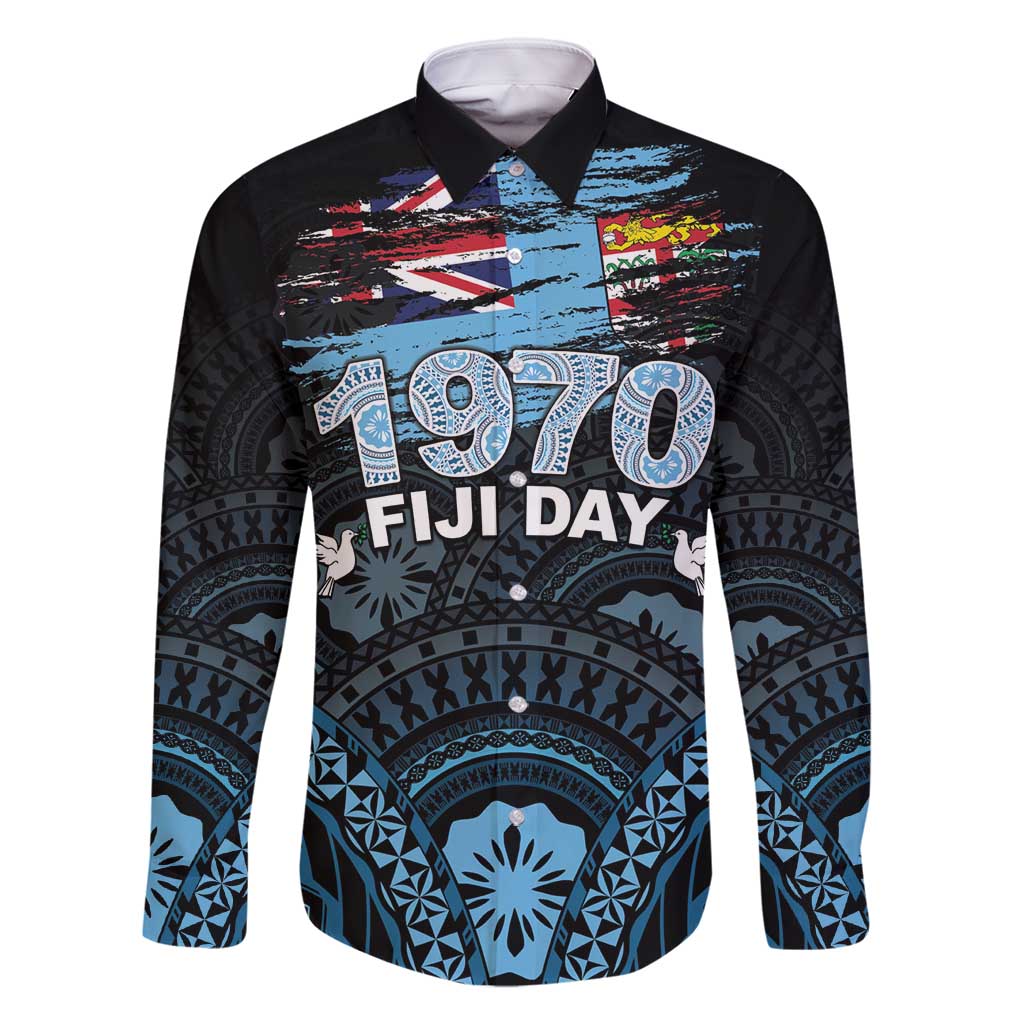 Personalised Happy Fiji Day 1970 Family Matching Off Shoulder Maxi Dress and Hawaiian Shirt Flag Grunge Style LT05 Dad's Shirt - Long Sleeve Black - Polynesian Pride