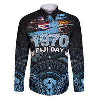 Personalised Happy Fiji Day 1970 Family Matching Off Shoulder Maxi Dress and Hawaiian Shirt Flag Grunge Style LT05 Dad's Shirt - Long Sleeve Black - Polynesian Pride