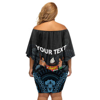 Personalised Happy Fiji Day 1970 Family Matching Off Shoulder Short Dress and Hawaiian Shirt Flag Grunge Style