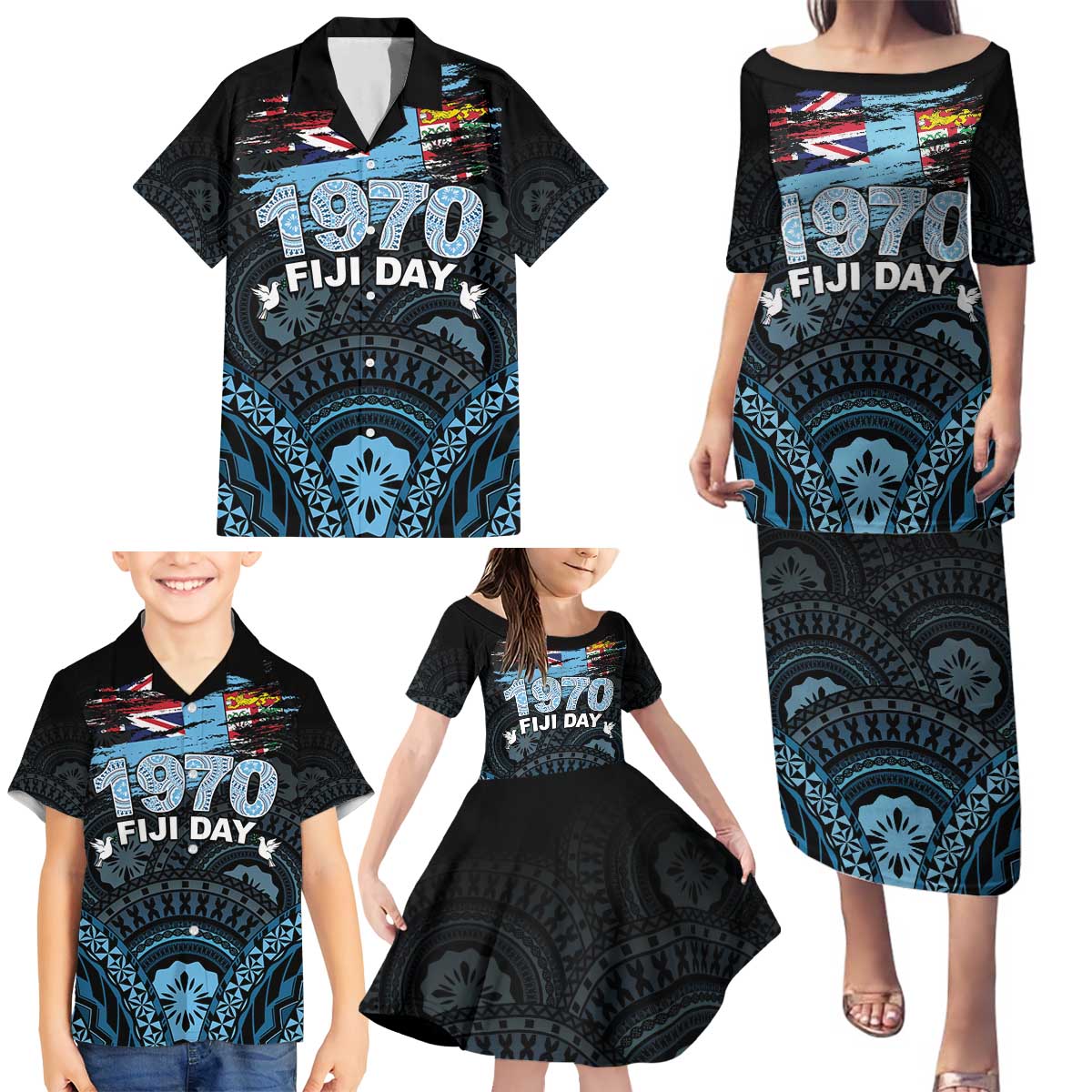 Personalised Happy Fiji Day 1970 Family Matching Puletasi and Hawaiian Shirt Flag Grunge Style LT05 - Polynesian Pride