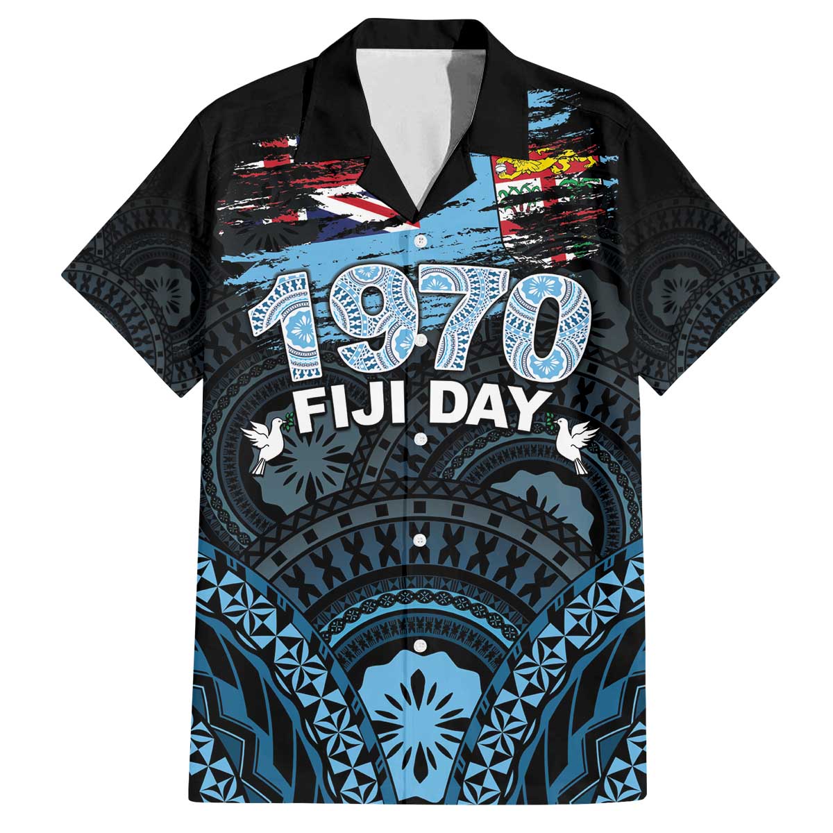 Personalised Happy Fiji Day 1970 Family Matching Puletasi and Hawaiian Shirt Flag Grunge Style LT05 Dad's Shirt - Short Sleeve Black - Polynesian Pride