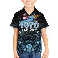 Personalised Happy Fiji Day 1970 Family Matching Puletasi and Hawaiian Shirt Flag Grunge Style LT05 Son's Shirt Black - Polynesian Pride