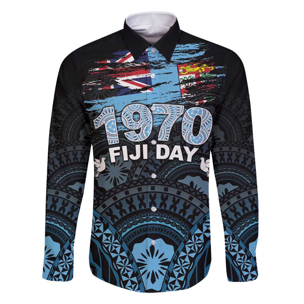 Personalised Happy Fiji Day 1970 Family Matching Short Sleeve Bodycon Dress and Hawaiian Shirt Flag Grunge Style LT05 Dad's Shirt - Long Sleeve Black - Polynesian Pride