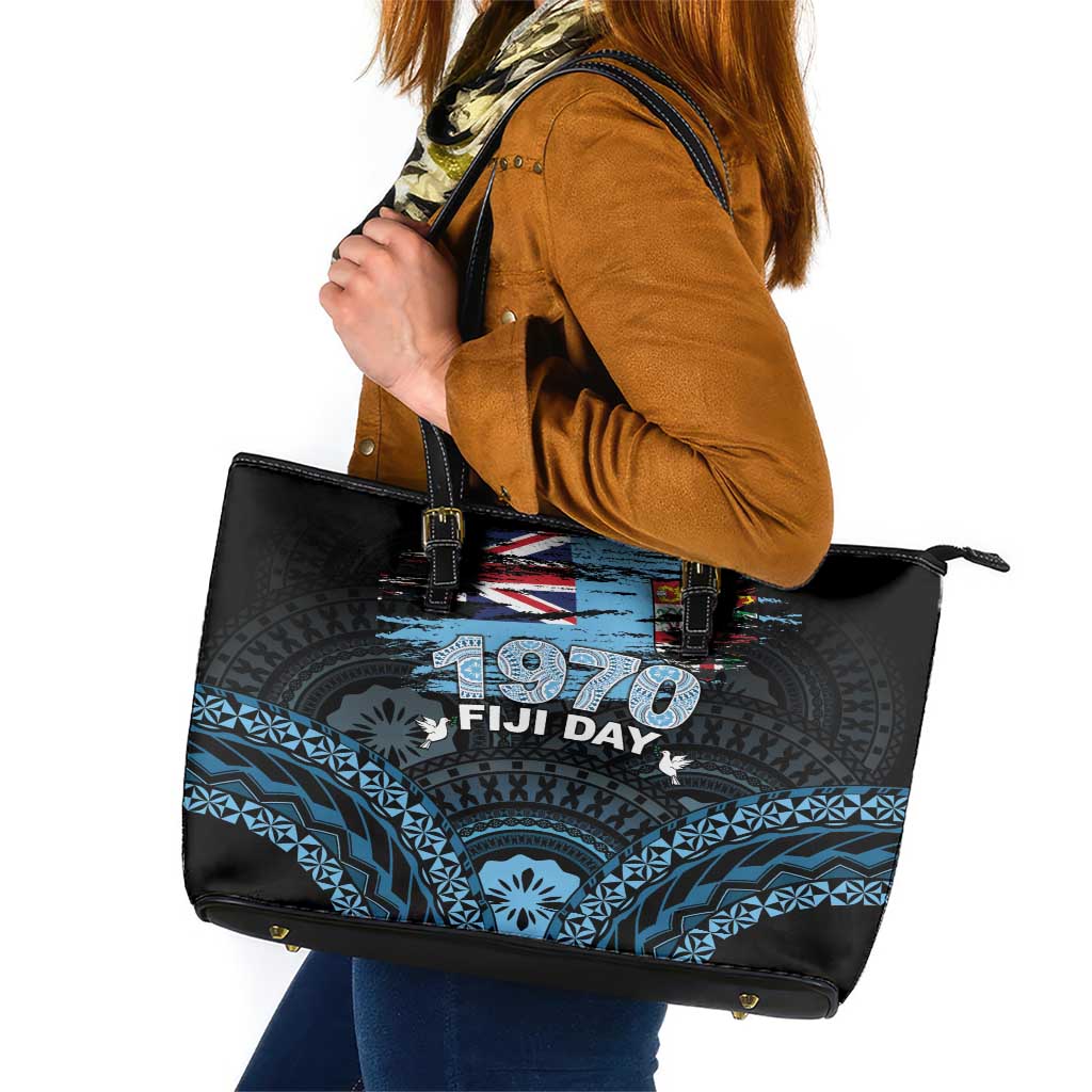 Happy Fiji Day 1970 Leather Tote Bag Flag Grunge Style