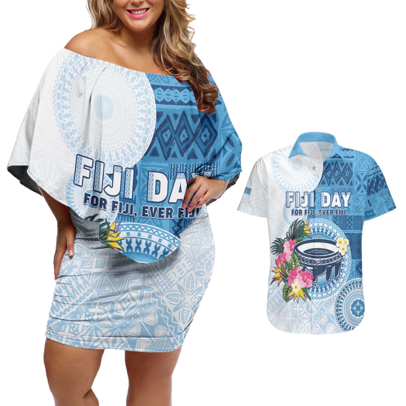 Fiji Day Couples Matching Off Shoulder Short Dress and Hawaiian Shirt Proud To Be Fijian