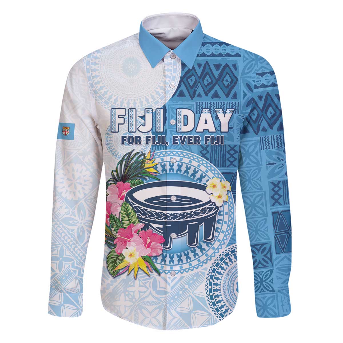 Fiji Day Family Matching Puletasi and Hawaiian Shirt Proud To Be Fijian LT05 Dad's Shirt - Long Sleeve Blue - Polynesian Pride