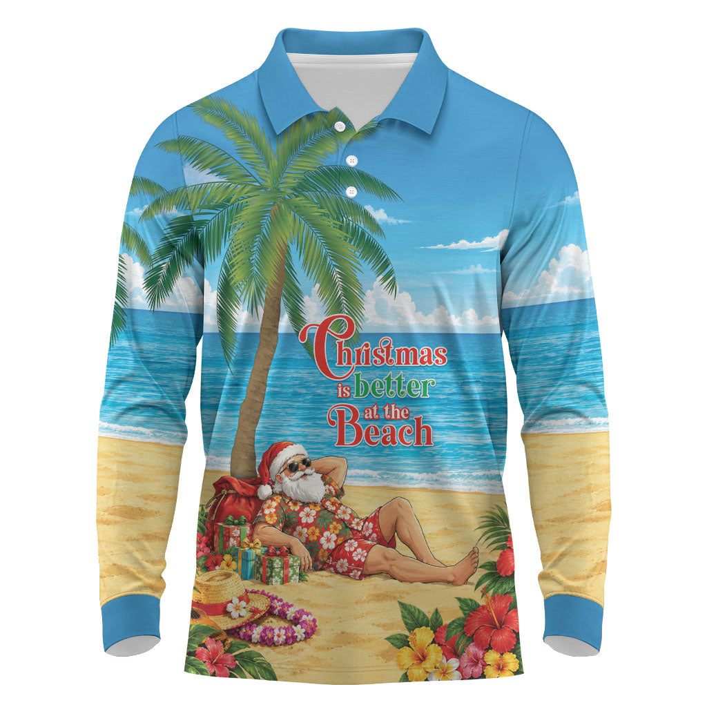 Hawaii Jolly Christmas Long Sleeve Polo Shirt Xmas Is Better At The Beach LT05 Blue - Polynesian Pride