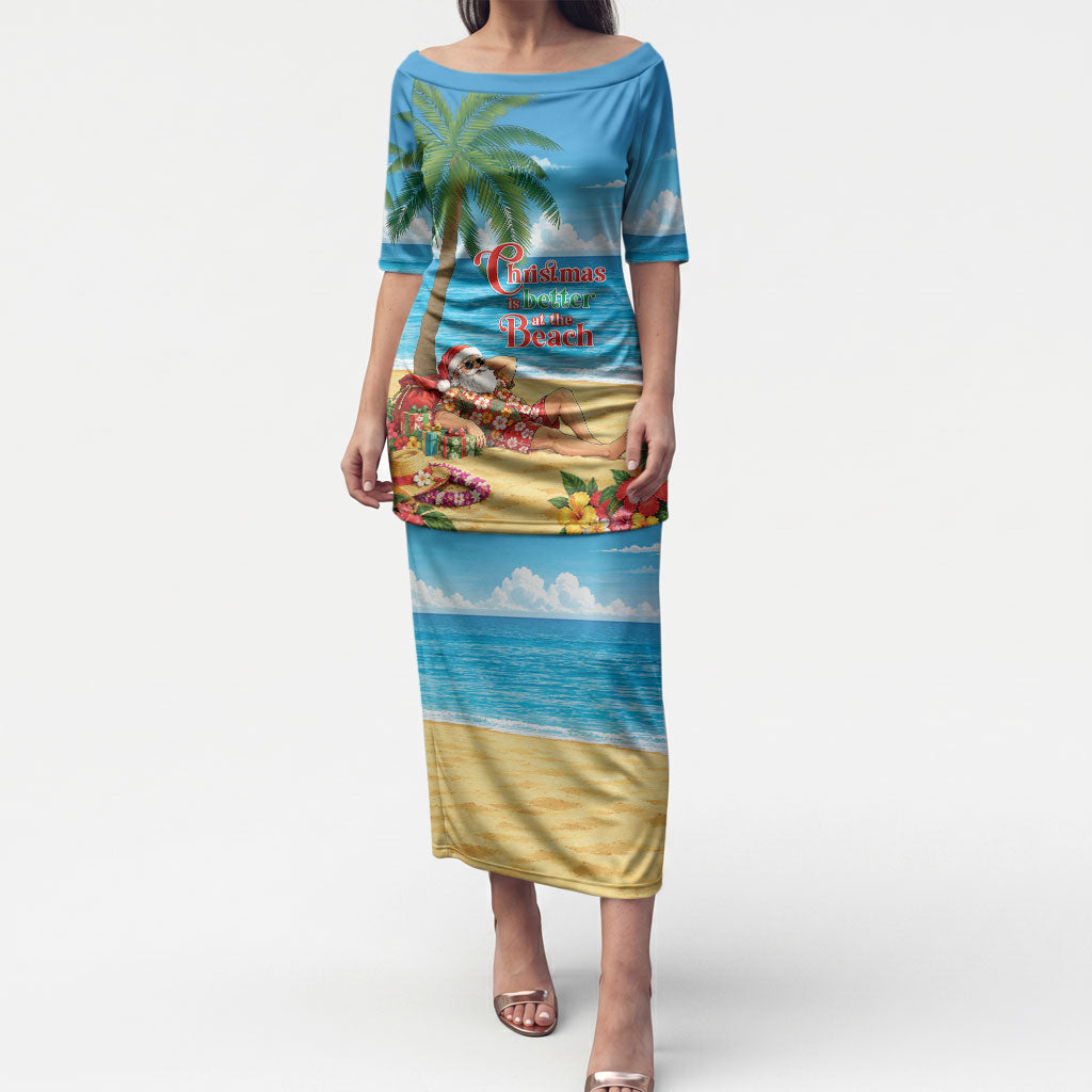 Hawaii Jolly Christmas Puletasi Xmas Is Better At The Beach LT05 Long Dress Blue - Polynesian Pride