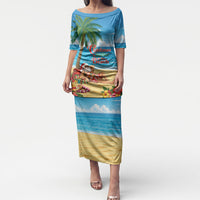 Hawaii Jolly Christmas Puletasi Xmas Is Better At The Beach LT05 Long Dress Blue - Polynesian Pride