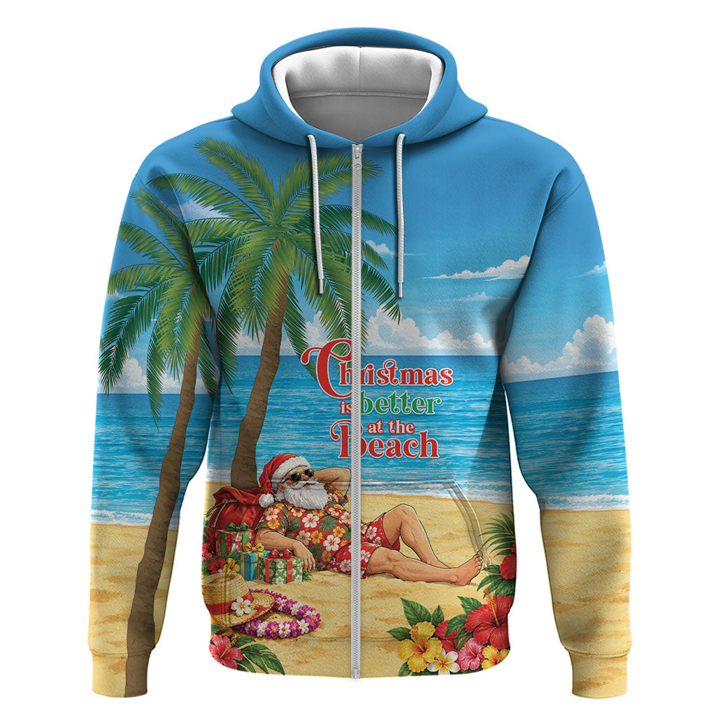 Hawaii Jolly Christmas Zip Hoodie Xmas Is Better At The Beach LT05 Zip Hoodie Blue - Polynesian Pride