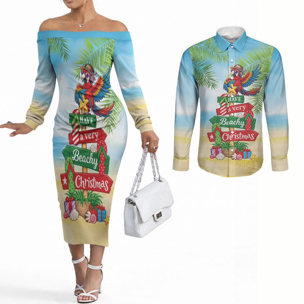 Hawaii Christmas Couples Matching Off The Shoulder Long Sleeve Dress and Long Sleeve Button Shirt Have A Very Beachy Christmas