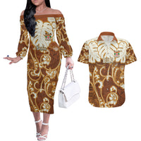 Personalized Fiji Spring Break Couples Matching Off The Shoulder Long Sleeve Dress and Hawaiian Shirt Fijian Tapa Pattern Brown LT05 Brown - Polynesian Pride