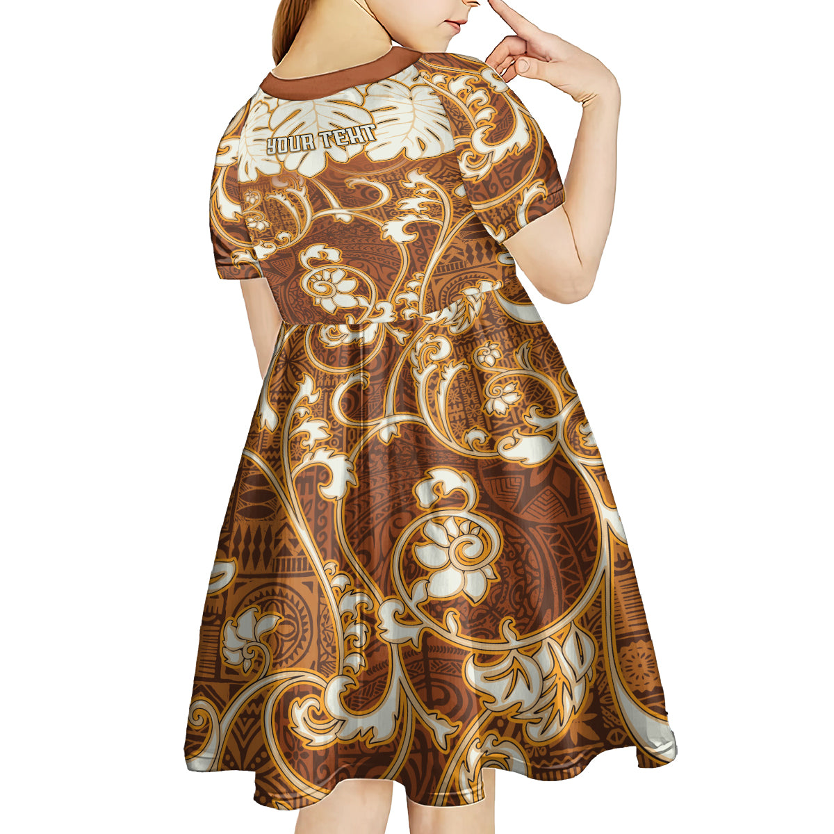 Personalized Fiji Spring Break Kid Short Sleeve Dress Fijian Tapa Pattern Brown LT05 - Polynesian Pride