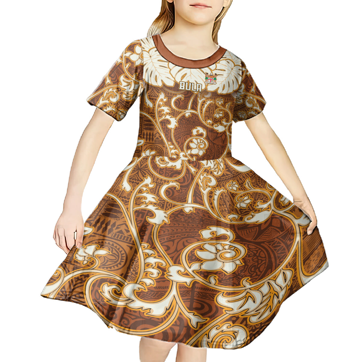 Personalized Fiji Spring Break Kid Short Sleeve Dress Fijian Tapa Pattern Brown LT05 - Polynesian Pride