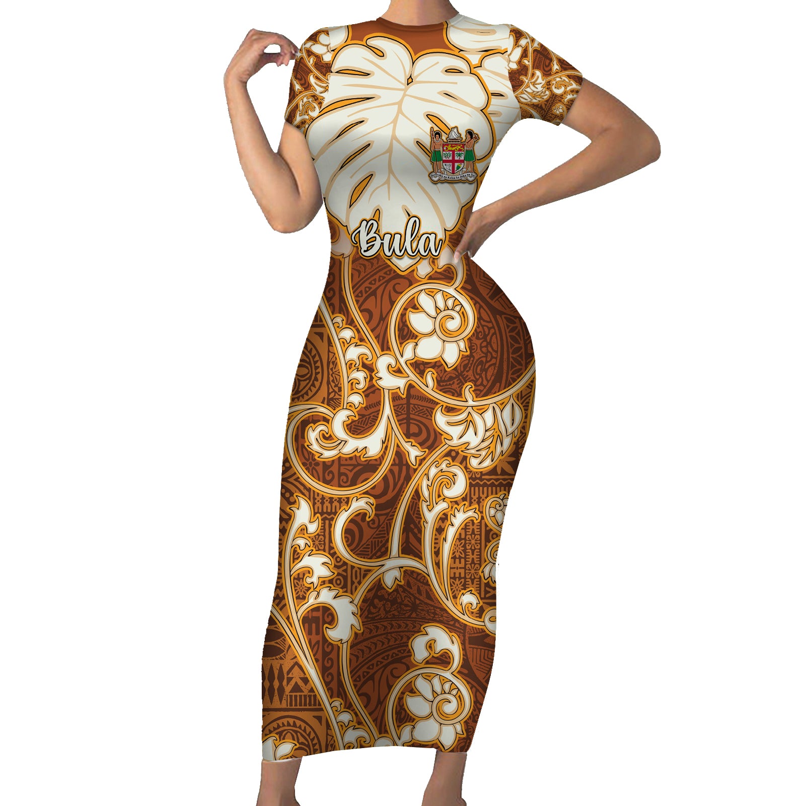 Personalized Fiji Spring Break Short Sleeve Bodycon Dress Fijian Tapa Pattern Brown LT05 Long Dress Brown - Polynesian Pride