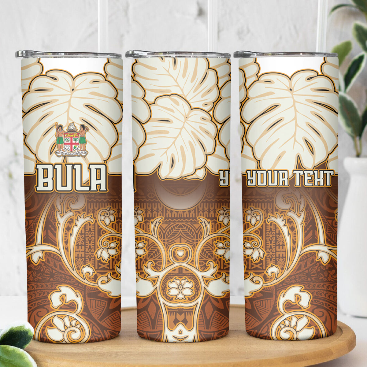 Personalized Fiji Spring Break Skinny Tumbler Fijian Tapa Pattern Brown