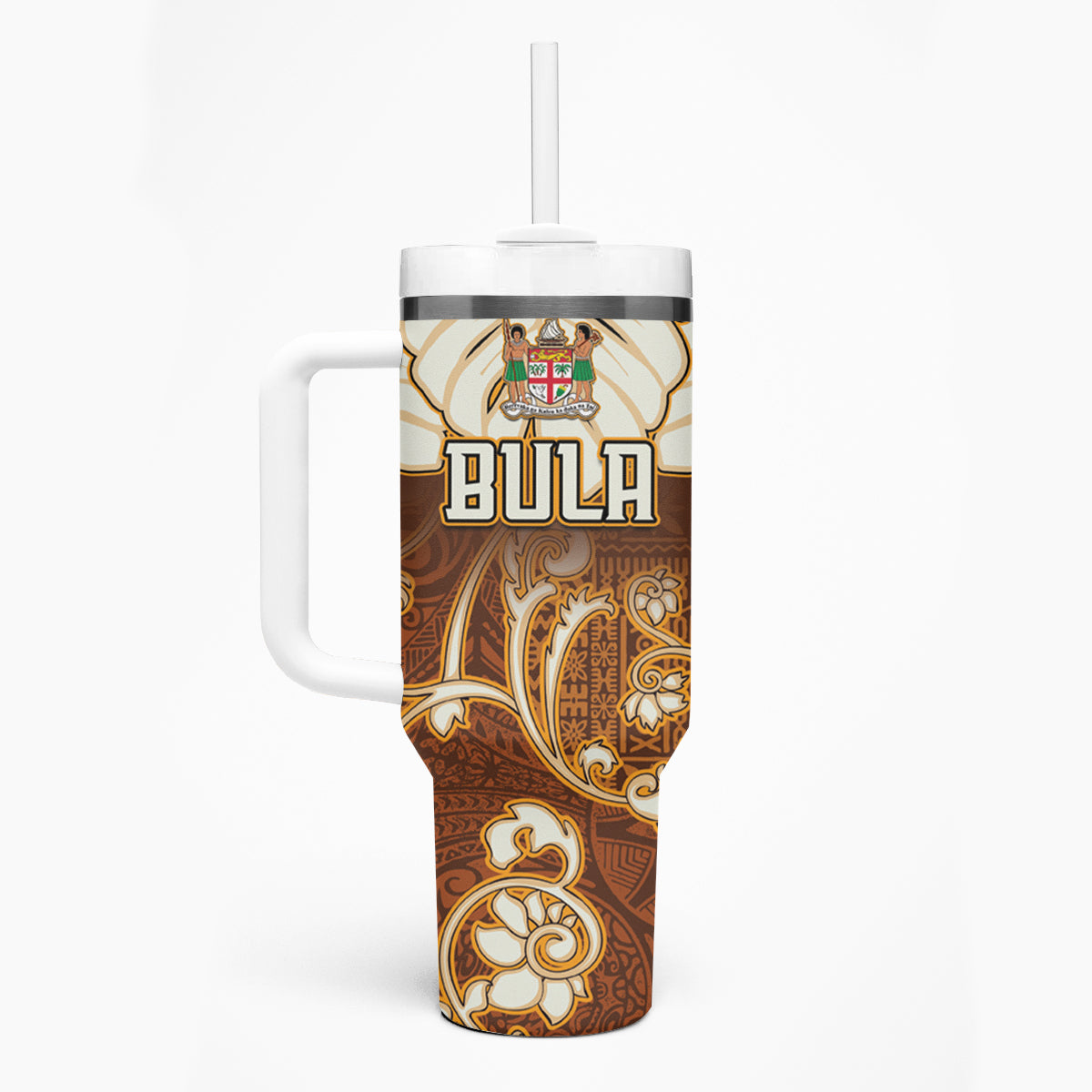 Personalized Fiji Spring Break Tumbler With Handle Fijian Tapa Pattern Brown