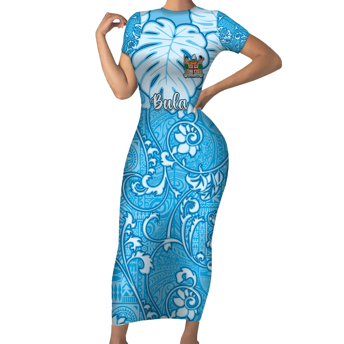 Personalized Fiji Spring Break Family Matching Short Sleeve Bodycon Dress and Hawaiian Shirt Fijian Tapa Pattern Blue LT05 Mom's Dress Blue - Polynesian Pride