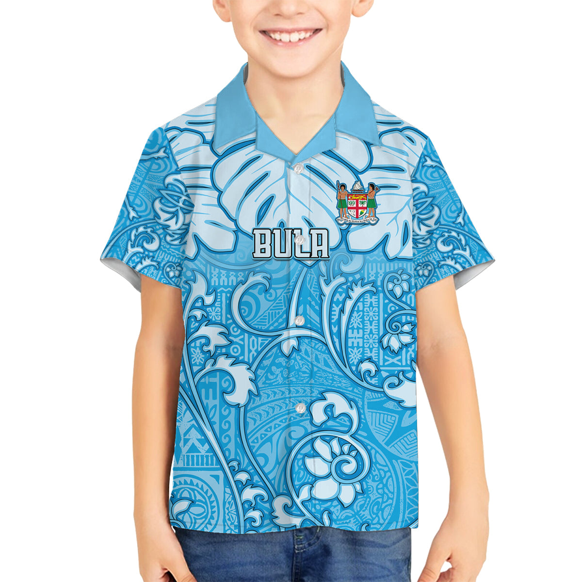Personalized Fiji Spring Break Family Matching Summer Maxi Dress and Hawaiian Shirt Fijian Tapa Pattern Blue LT05 Son's Shirt Blue - Polynesian Pride