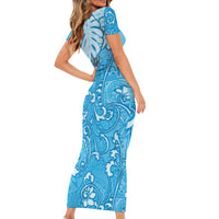 Personalized Fiji Spring Break Short Sleeve Bodycon Dress Fijian Tapa Pattern Blue LT05 - Polynesian Pride