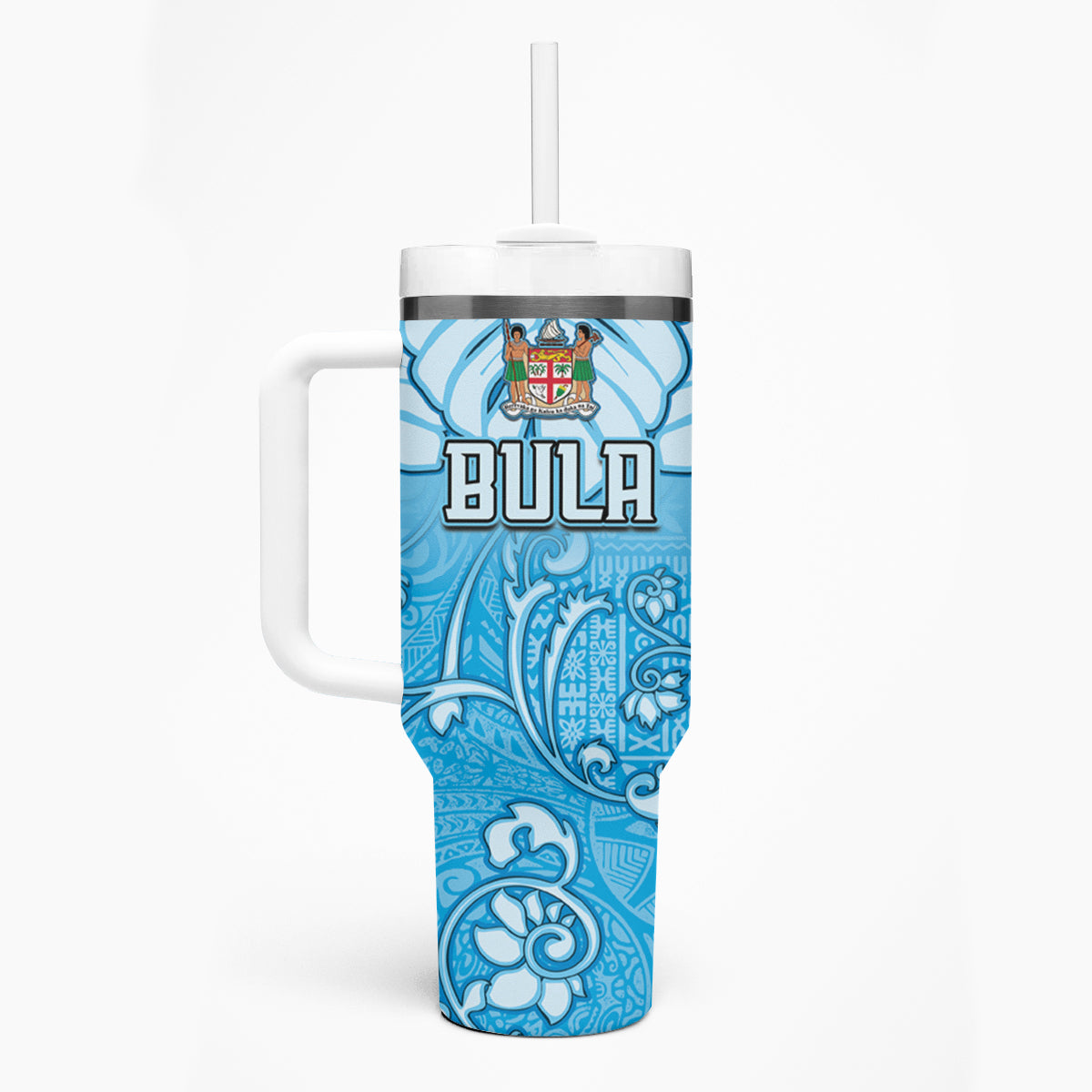 Personalized Fiji Spring Break Tumbler With Handle Fijian Tapa Pattern Blue