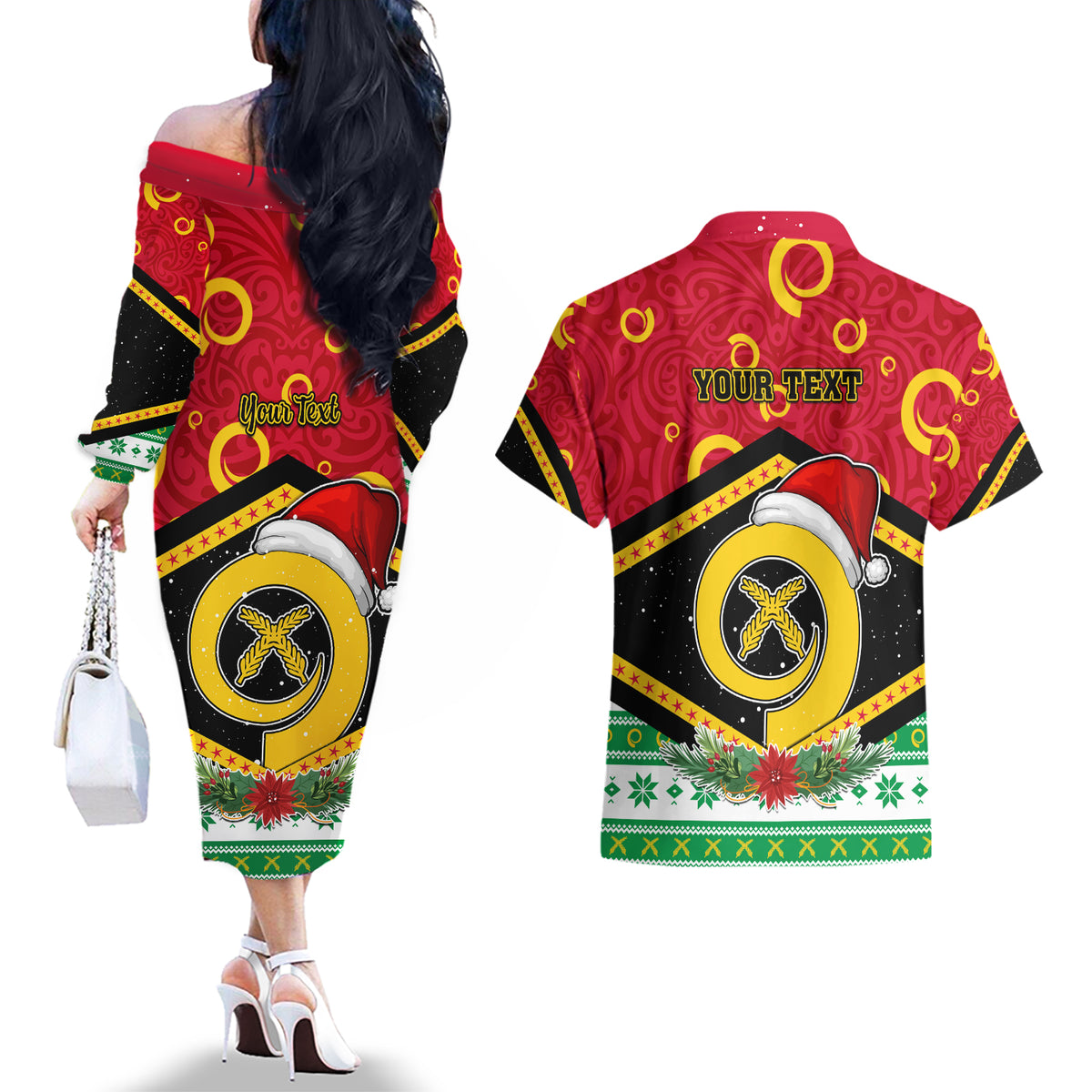 Personalized Vanuatu Christmas Couples Matching Off The Shoulder Long Sleeve Dress and Hawaiian Shirt Santa God Yumi LT05 - Polynesian Pride