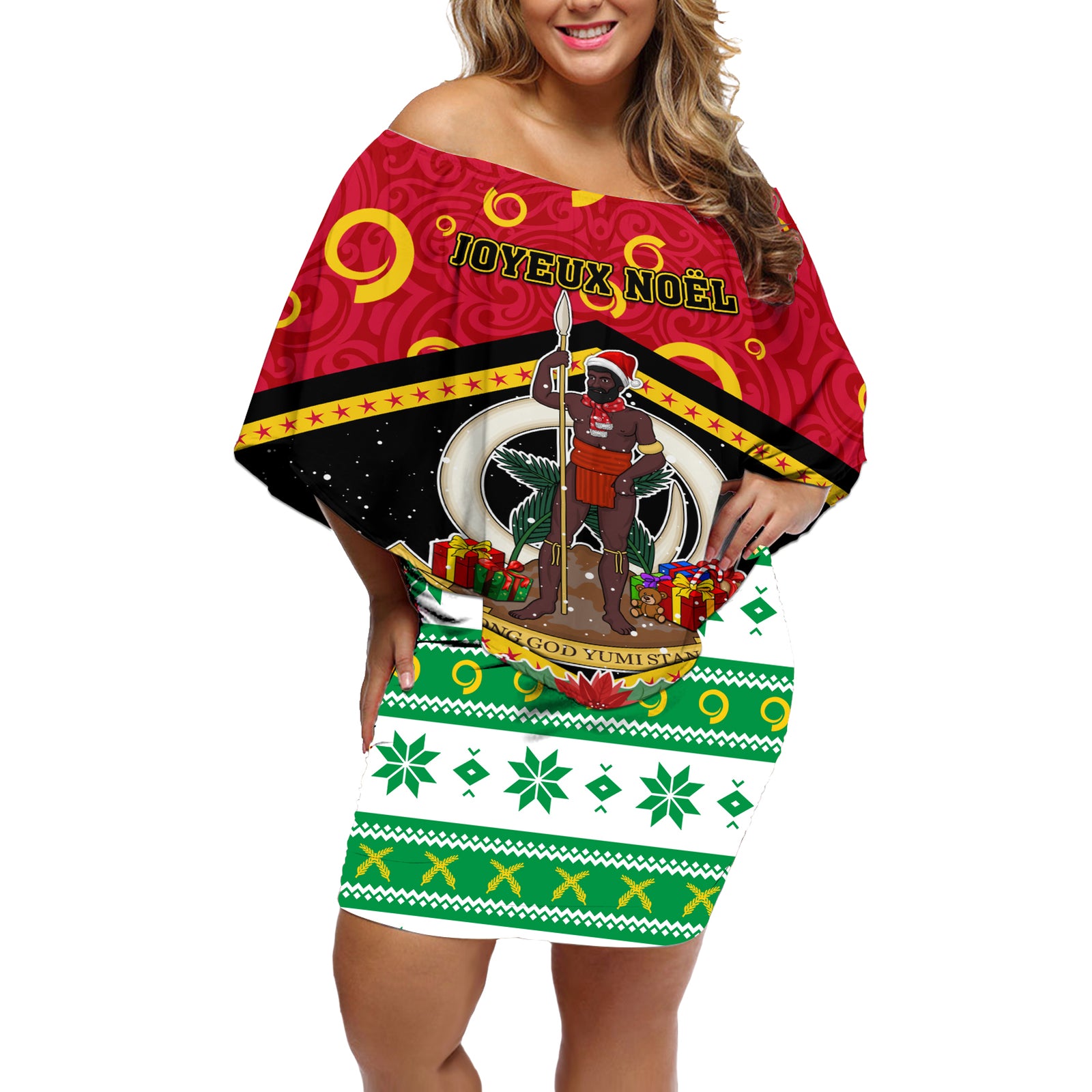 Personalized Vanuatu Christmas Off Shoulder Short Dress Santa God Yumi LT05 Women Red - Polynesian Pride