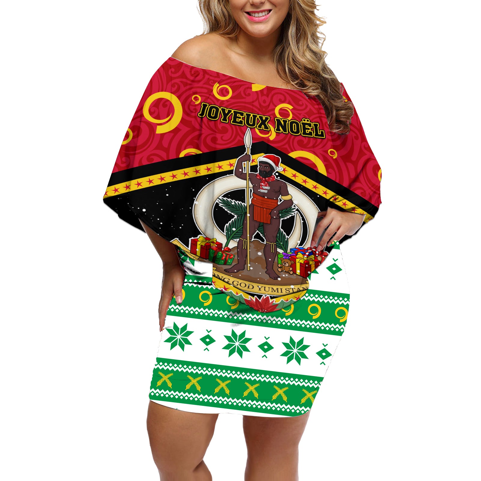 Personalized Vanuatu Christmas Off Shoulder Short Dress Santa God Yumi LT05 Women Red - Polynesian Pride