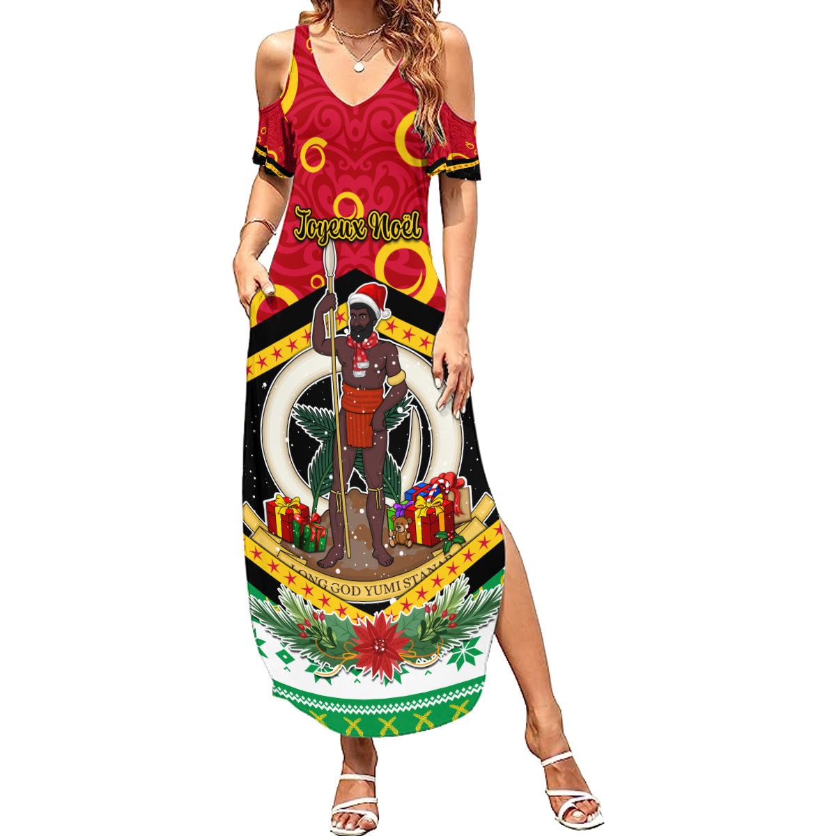 Personalized Vanuatu Christmas Summer Maxi Dress Santa God Yumi LT05 Women Red - Polynesian Pride