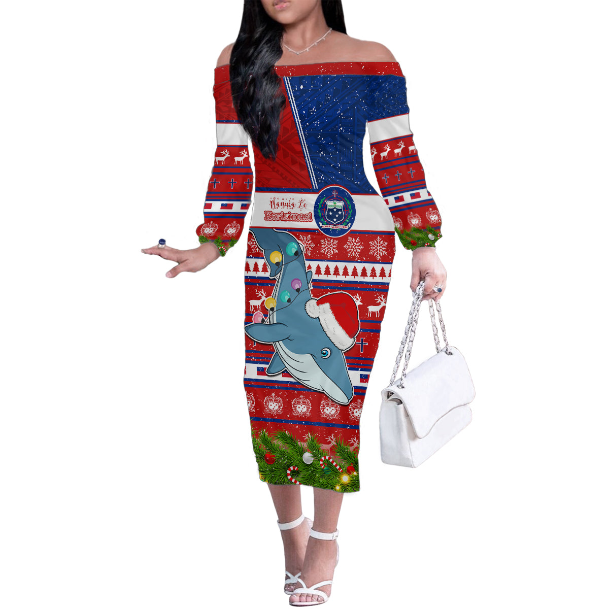 Personalized Samoa Christmas Family Matching Off Shoulder Long Sleeve Dress and Hawaiian Shirt Santas Whale Manuia Le Kerisimasi LT05 Mom's Dress Red - Polynesian Pride