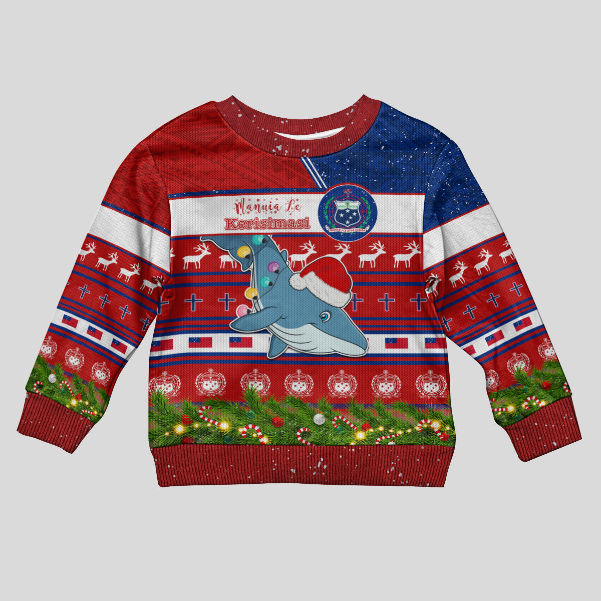 Personalised Samoa Christmas Kid Ugly Christmas Sweater Santas Whale Manuia Le Kerisimasi LT05 Kid Red - Polynesian Pride