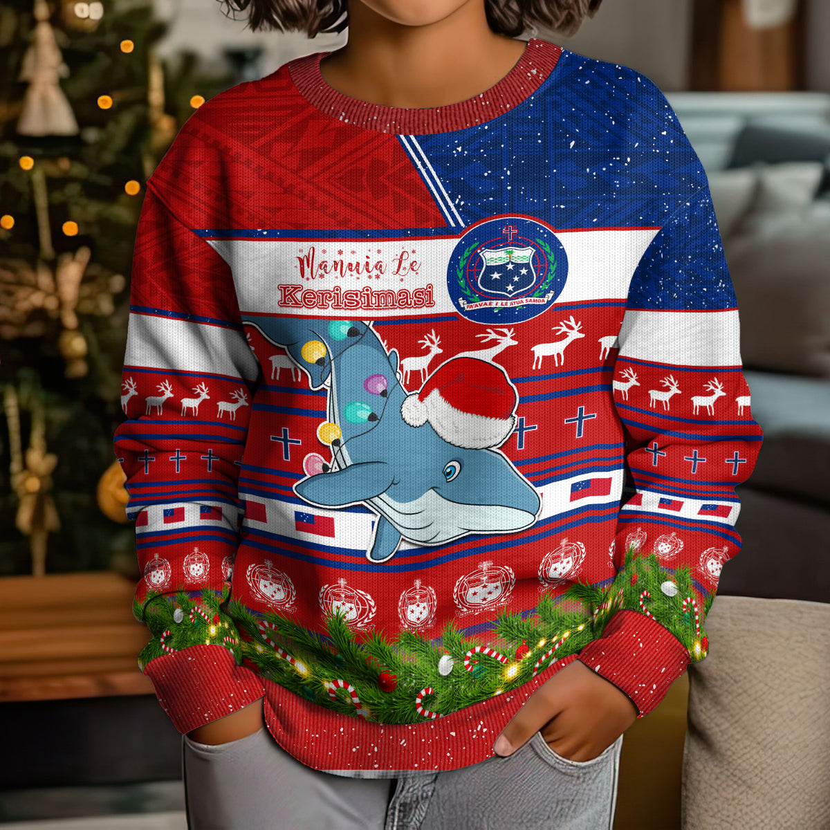 Personalised Samoa Christmas Kid Ugly Christmas Sweater Santas Whale Manuia Le Kerisimasi LT05 - Polynesian Pride