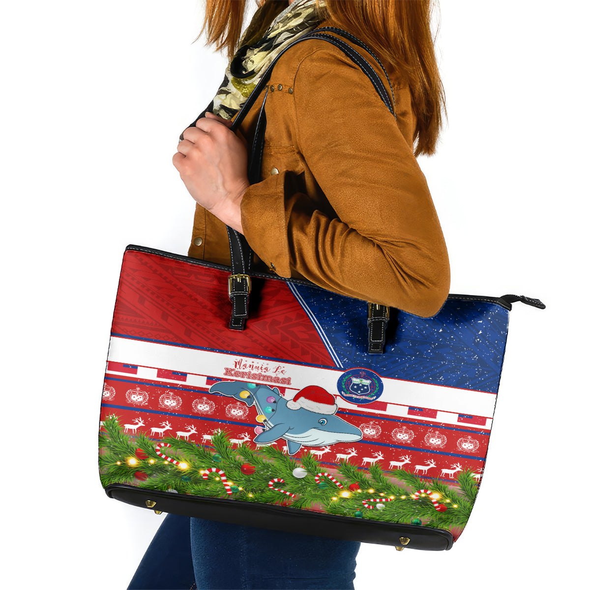 Samoa Christmas Leather Tote Bag Santas Whale Manuia Le Kerisimasi LT05 Red - Polynesian Pride