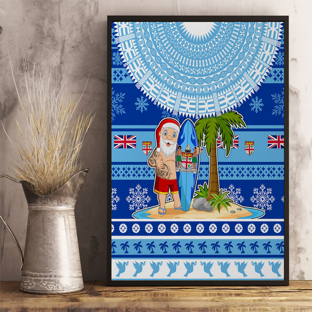 Fiji Christmas Canvas Wall Art Santa Claus Surf Marau Na Kerisimasi LT05 - Polynesian Pride