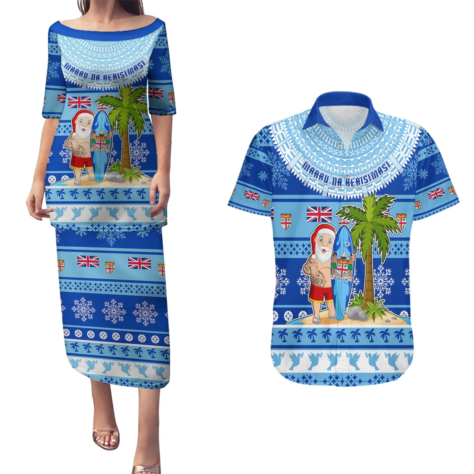 Personalized Fiji Christmas Couples Matching Puletasi Dress and Hawaiian Shirt Santa Claus Surf Marau Na Kerisimasi LT05 Blue - Polynesian Pride