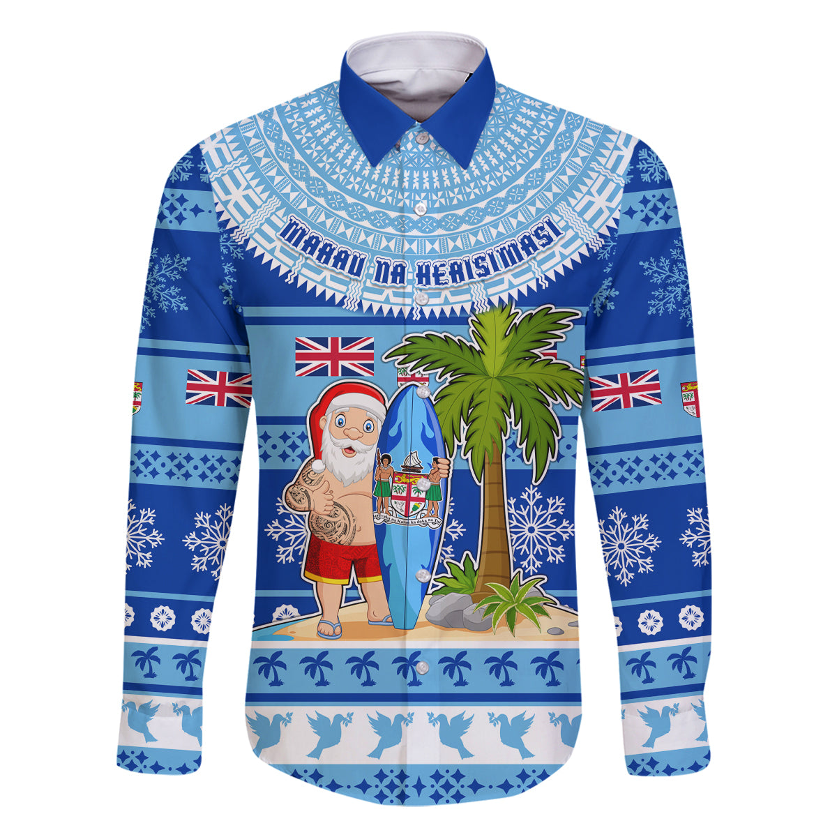 Personalized Fiji Christmas Family Matching Mermaid Dress and Hawaiian Shirt Santa Claus Surf Marau Na Kerisimasi LT05 Dad's Shirt - Long Sleeve Blue - Polynesian Pride
