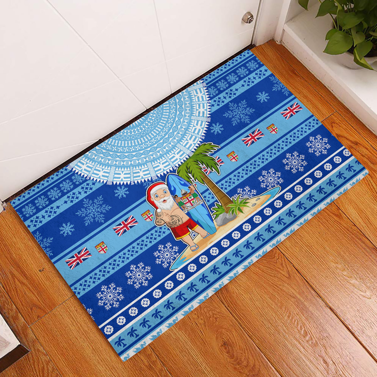 Fiji Christmas Rubber Doormat Santa Claus Surf Marau Na Kerisimasi LT05 Blue - Polynesian Pride