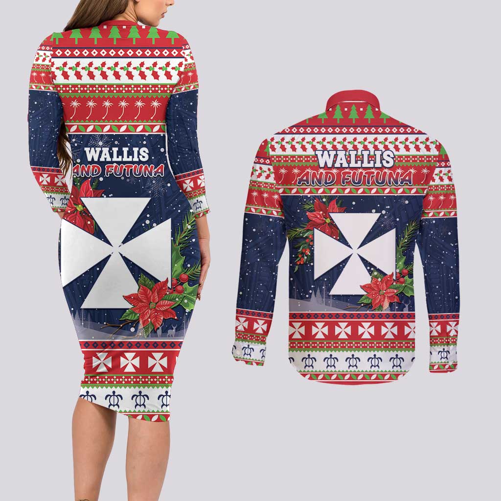 Wallis and Futuna Christmas Couples Matching Long Sleeve Bodycon Dress and Long Sleeve Button Shirt Poinsettia Joyeux Noel