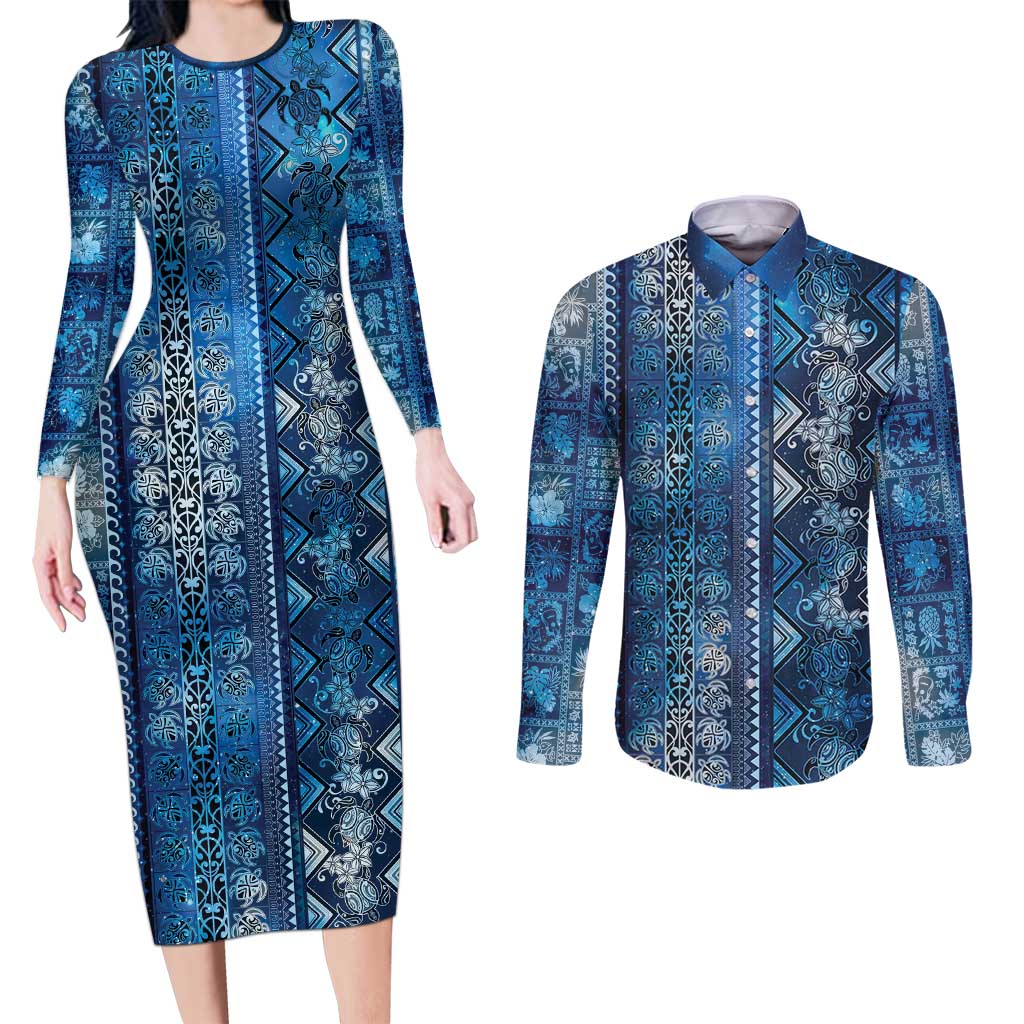 Hawaii Makahiki Turtle Couples Matching Long Sleeve Bodycon Dress and Long Sleeve Button Shirt Galaxy Tapa Pattern - Polynesian Pride