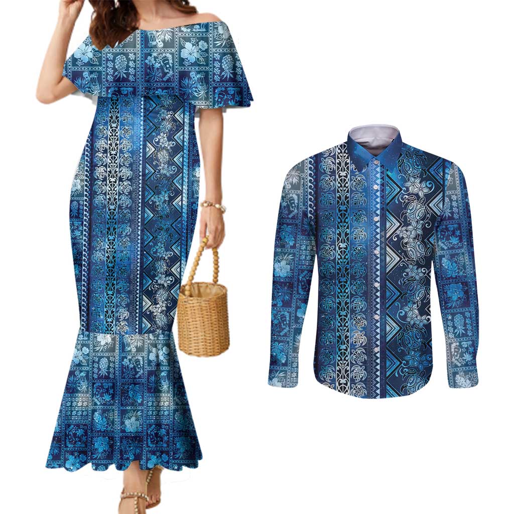 Hawaii Makahiki Turtle Couples Matching Mermaid Dress and Long Sleeve Button Shirt Galaxy Tapa Pattern - Polynesian Pride