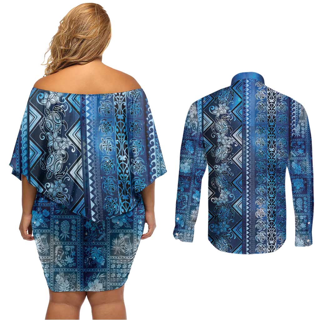 Hawaii Makahiki Turtle Couples Matching Off Shoulder Short Dress and Long Sleeve Button Shirt Galaxy Tapa Pattern - Polynesian Pride