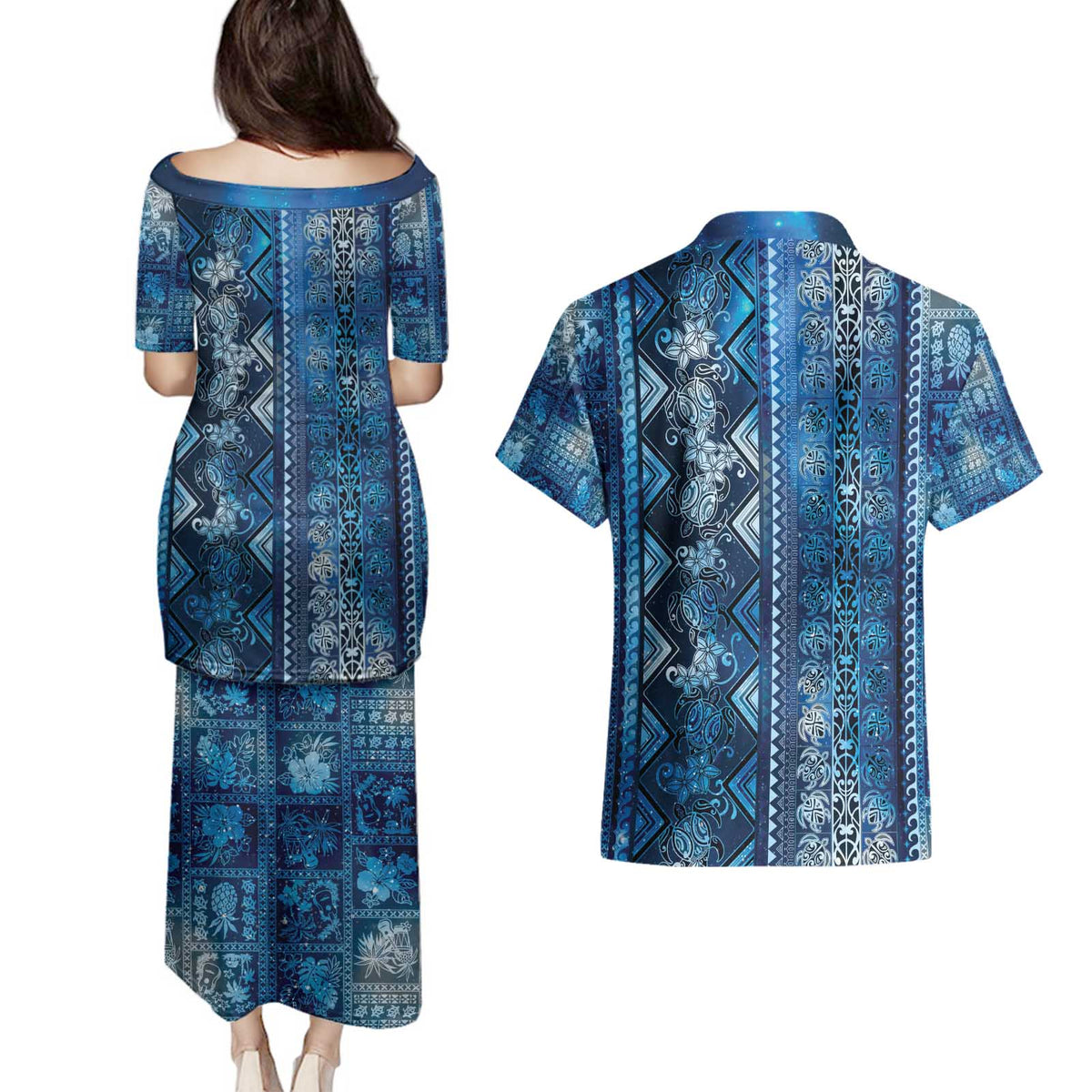 Hawaii Makahiki Turtle Couples Matching Puletasi and Hawaiian Shirt Galaxy Tapa Pattern - Polynesian Pride