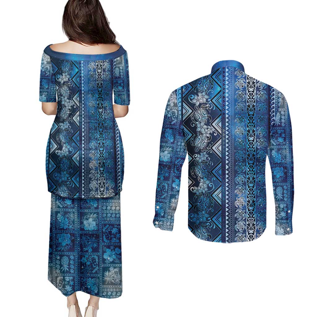Hawaii Makahiki Turtle Couples Matching Puletasi and Long Sleeve Button Shirt Galaxy Tapa Pattern - Polynesian Pride
