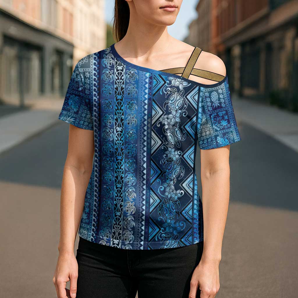 Hawaii Makahiki Turtle Cross Shoulder Shirt Galaxy Tapa Pattern - Polynesian Pride