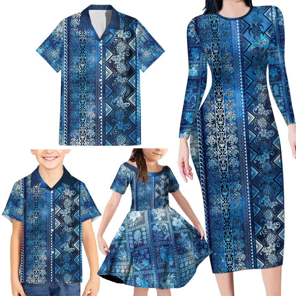 Hawaii Makahiki Turtle Family Matching Long Sleeve Bodycon Dress and Hawaiian Shirt Galaxy Tapa Pattern - Polynesian Pride