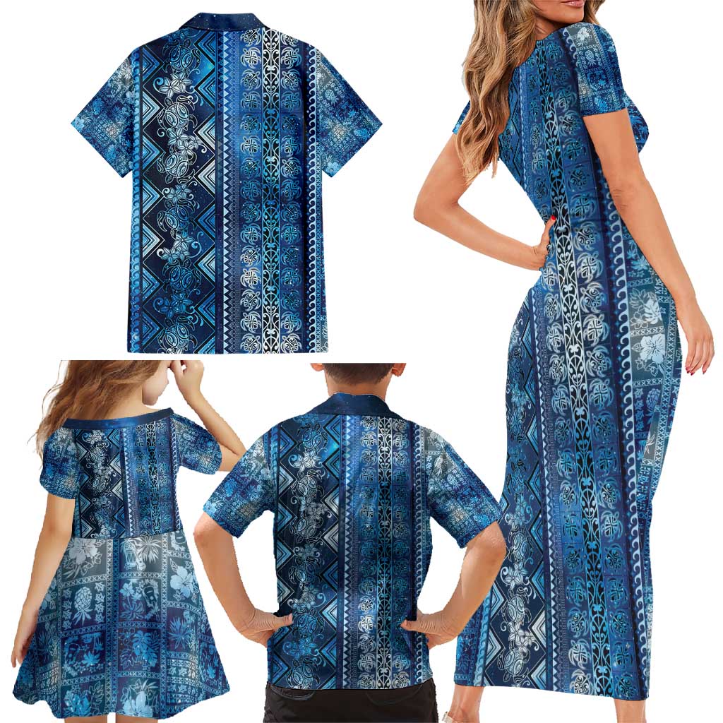 Hawaii Makahiki Turtle Family Matching Short Sleeve Bodycon Dress and Hawaiian Shirt Galaxy Tapa Pattern - Polynesian Pride