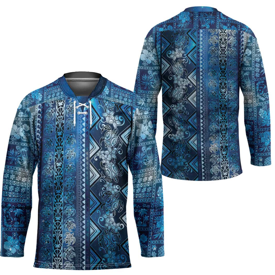 Hawaii Makahiki Turtle Hockey Jersey Galaxy Tapa Pattern - Polynesian Pride
