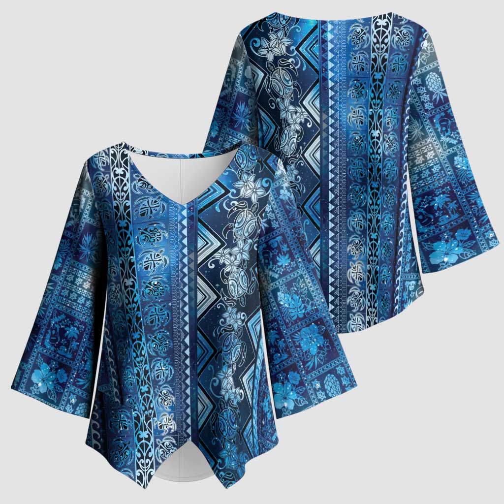 Hawaii Makahiki Turtle Kimono Sleeve Blouse Galaxy Tapa Pattern - Polynesian Pride
